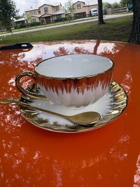 White and Gold Porcelain Tea Cup Set with Saucer and Spoon
